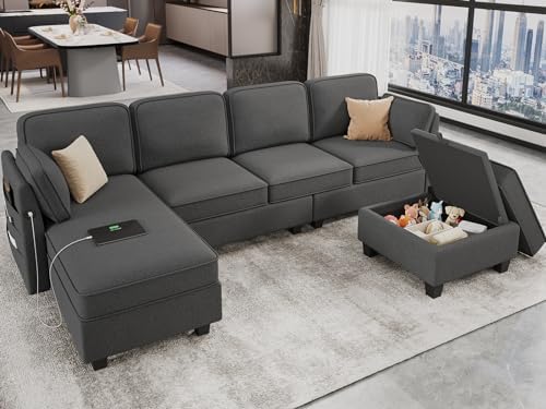 Hasuit 113'' Sectional Sofa with Storage Seats, U Shaped Convertible Sofa Couch with Large Reversible Chaise, Comfy Chenille Sofa with USB, Modular Sectional Sofa Couches for Living Room, Dark Grey