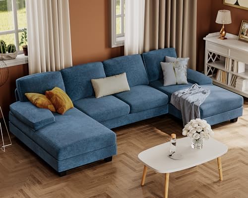 Furmax Sectional Couches for Living Room, U-Shaped Sofa Couch with Linen Fabric, 4 Seat Sofa Set with Double Chaise for Apartment (Fabric, Blue)