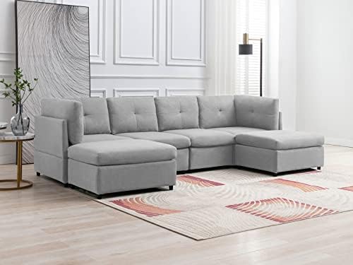 linor Modern U Shaped Convertible Sofa Couch, 118'' Modular Sectional Sofa with Tufted Back Cushion, 6 Seat Oversized Sectionals Sofa Couch with Ottomans for Living Room (Linen,Light Gray)