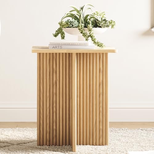 Square Fluted Accent Side Table - Pedestal Drink Table - Modern Home, Bedroom, and Living Room Furniture - Small End Table with Solid Wood X-Base and Wood Veneer Top (Natural Oak)