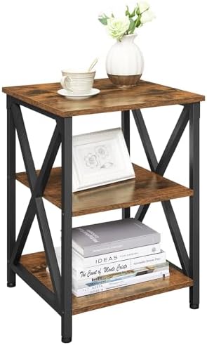 VASAGLE Side Table, 3-Tier Nightstand with Storage, End Table with S-shaped Steel Frame for Living Room Bedroom, 15.7 x 15.7 x 23.6 Inches, Farmhouse Style, Rustic Brown and Black ULET278B01V1