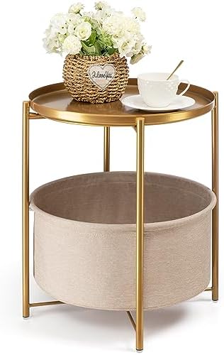 danpinera Round Side Table with Fabric Storage Basket, Metal Small Bedside Nightstand with Removable Tray Top for Living Room, Bedroom, Nursery, Laundry, Gold