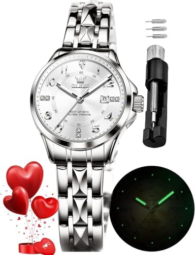 OLEVS Watches for Womens Silver Ladies Wrist Watches Stainless Steel Waterproof Small Wrist Diamond Blue White Date Dial