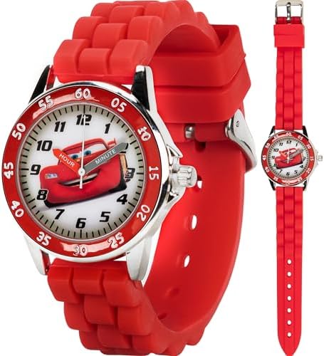 Accutime Cars Kids' Analog Watch with Silver-Tone Casing, Red Bezel, Red Strap - Official Cars Lightning McQueen Character on The Dial, Time-Teacher Watch, Safe for Children - Model: CZ1009